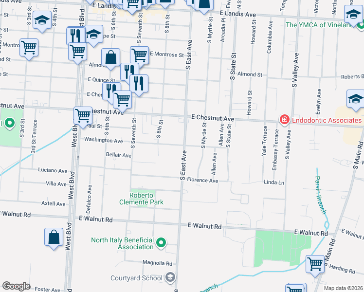 map of restaurants, bars, coffee shops, grocery stores, and more near 728 South East Avenue in Vineland