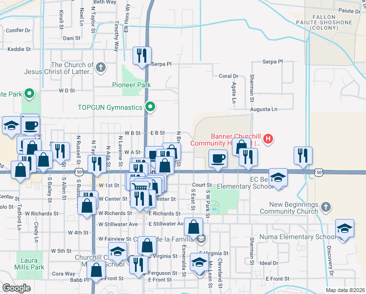 map of restaurants, bars, coffee shops, grocery stores, and more near 135 North East Street in Fallon