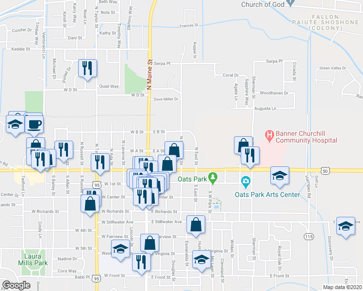 map of restaurants, bars, coffee shops, grocery stores, and more near 122 North Broadway Street in Fallon
