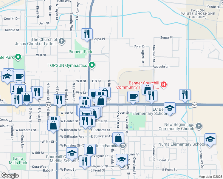 map of restaurants, bars, coffee shops, grocery stores, and more near 161 North Broadway Street in Fallon