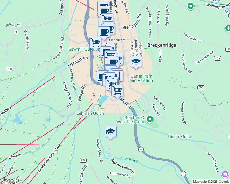 map of restaurants, bars, coffee shops, grocery stores, and more near 505 South Main Street in Breckenridge