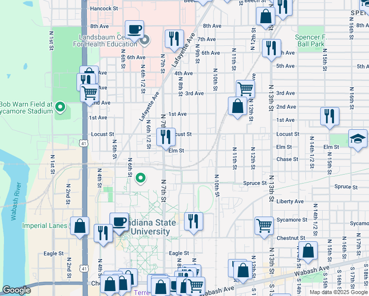 map of restaurants, bars, coffee shops, grocery stores, and more near 801 North 8th Street in Terre Haute