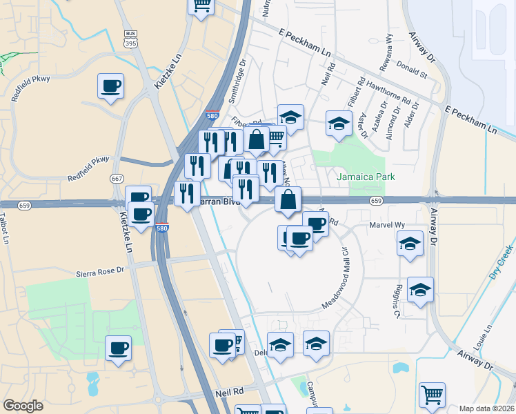 map of restaurants, bars, coffee shops, grocery stores, and more near 5089 South McCarran Boulevard in Reno