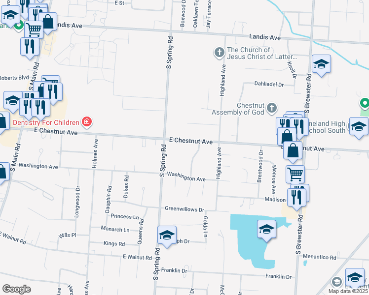 map of restaurants, bars, coffee shops, grocery stores, and more near 2140 East Chestnut Avenue in Vineland
