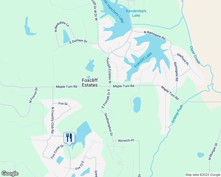 map of restaurants, bars, coffee shops, grocery stores, and more near 1501 East Foxcliff Drive South in Martinsville
