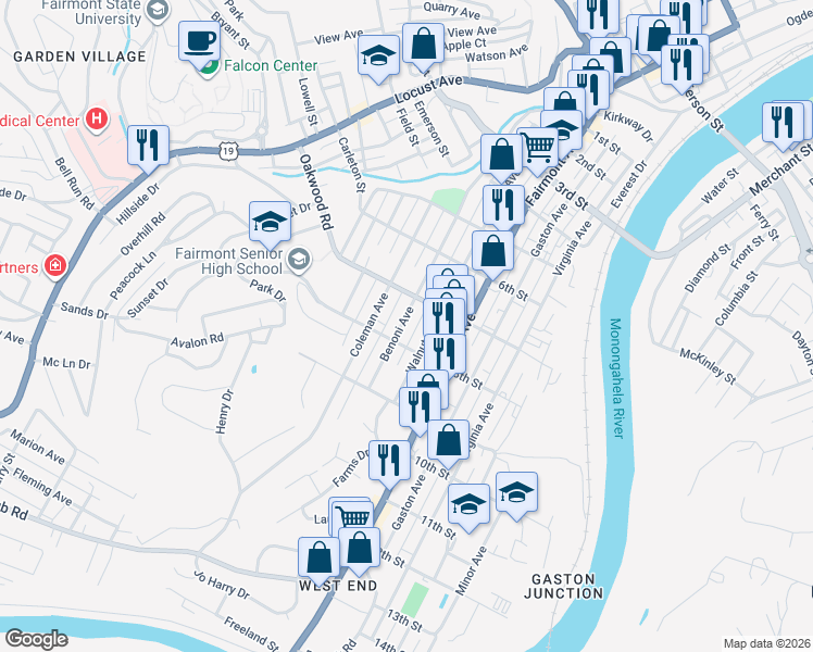 map of restaurants, bars, coffee shops, grocery stores, and more near 604 7th Street in Fairmont