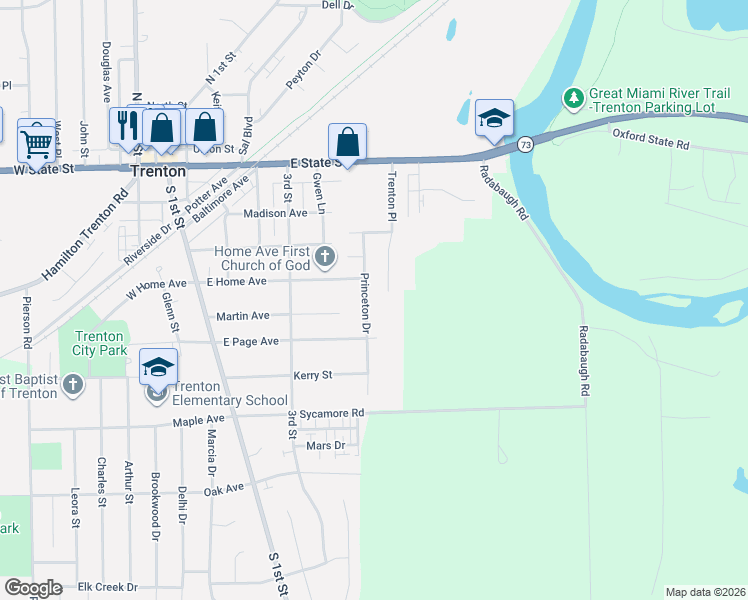 map of restaurants, bars, coffee shops, grocery stores, and more near 402 Princeton Drive in Trenton