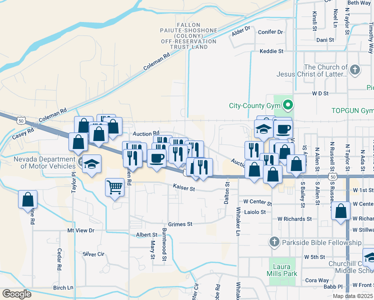 map of restaurants, bars, coffee shops, grocery stores, and more near 1635 Auction Road in Fallon