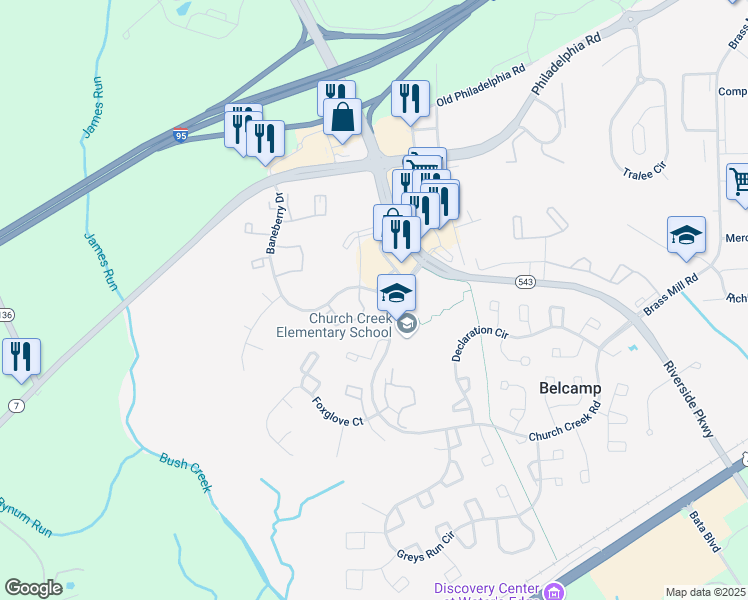 map of restaurants, bars, coffee shops, grocery stores, and more near 1300 Liriope Court in Belcamp