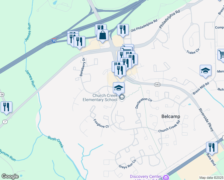 map of restaurants, bars, coffee shops, grocery stores, and more near 1300 Liriope Court in Belcamp