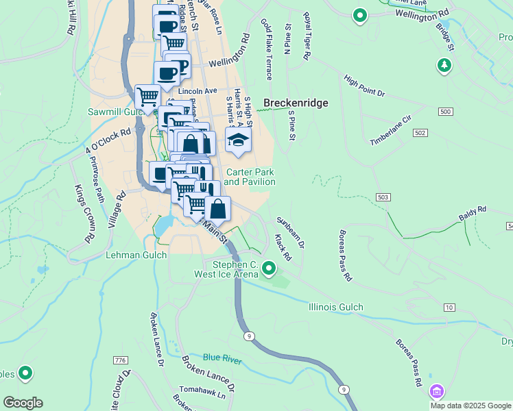 map of restaurants, bars, coffee shops, grocery stores, and more near 550 South French Street in Breckenridge