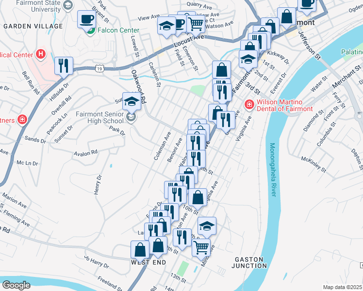 map of restaurants, bars, coffee shops, grocery stores, and more near 604 7th Street in Fairmont
