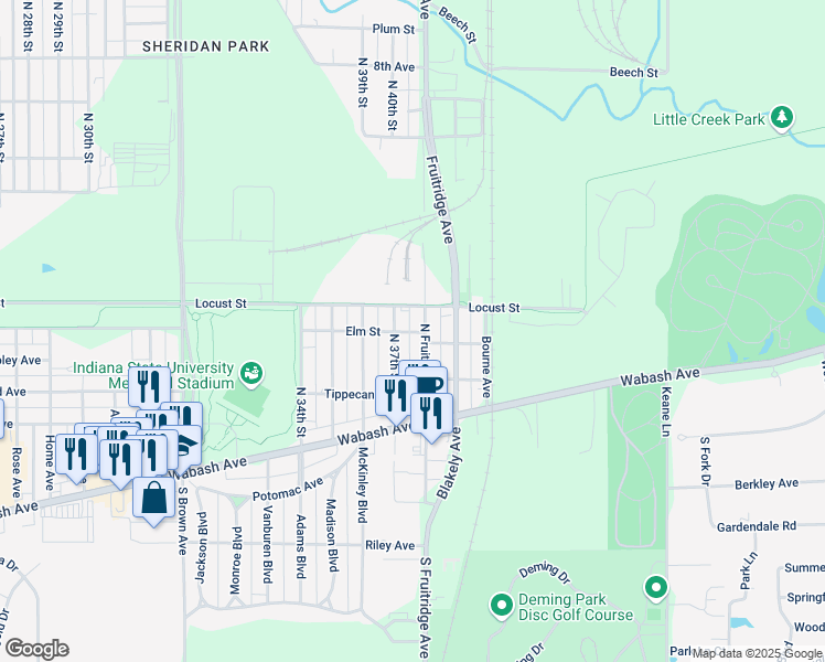 map of restaurants, bars, coffee shops, grocery stores, and more near 233-299 North Fruitridge Avenue in Terre Haute