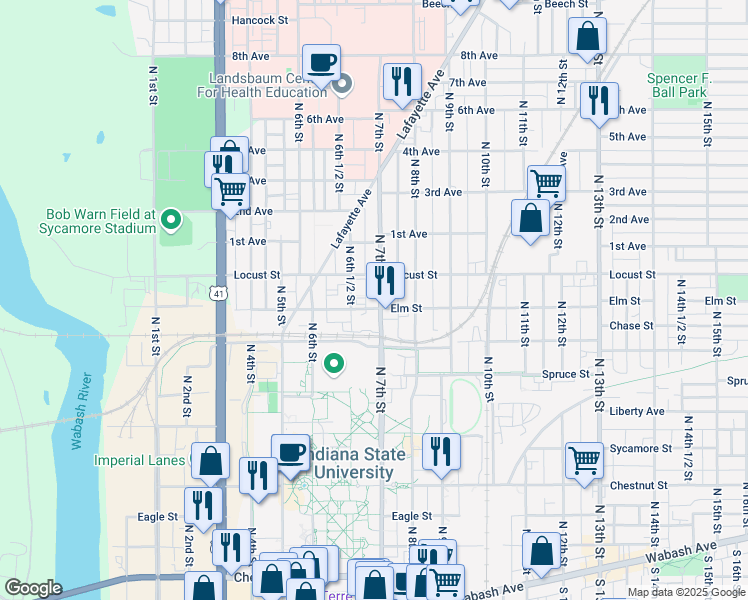 map of restaurants, bars, coffee shops, grocery stores, and more near 817 North 6th 1/2 Street in Terre Haute