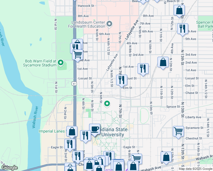 map of restaurants, bars, coffee shops, grocery stores, and more near 825 North 6th Street in Terre Haute