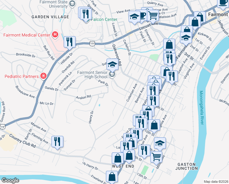 map of restaurants, bars, coffee shops, grocery stores, and more near 16 Outlook Road in Fairmont