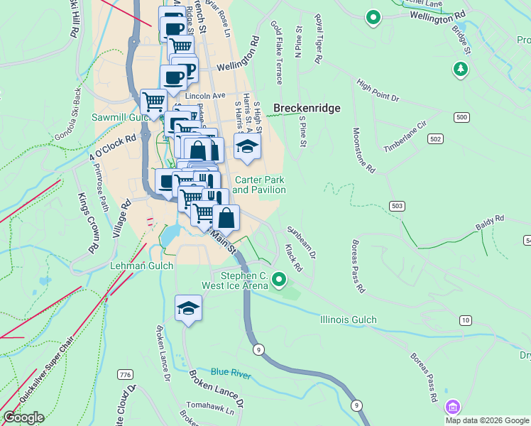 map of restaurants, bars, coffee shops, grocery stores, and more near 550 South French Street in Breckenridge