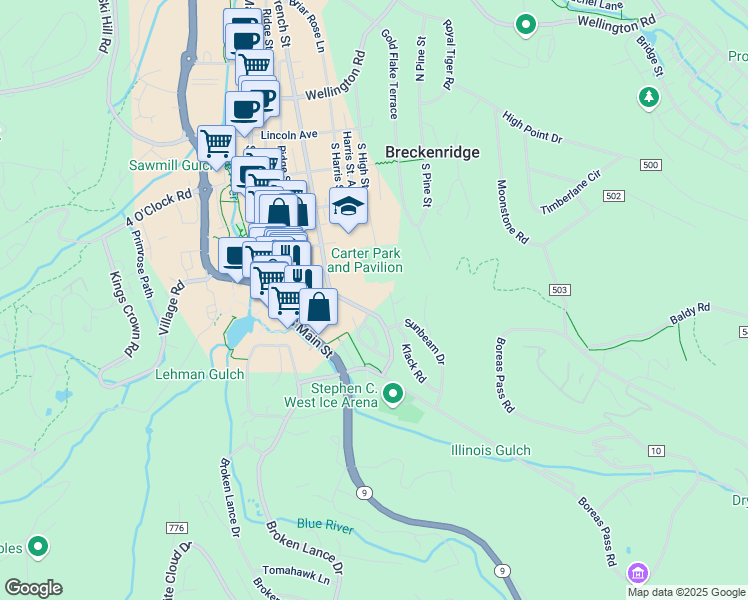map of restaurants, bars, coffee shops, grocery stores, and more near 550 South French Street in Breckenridge