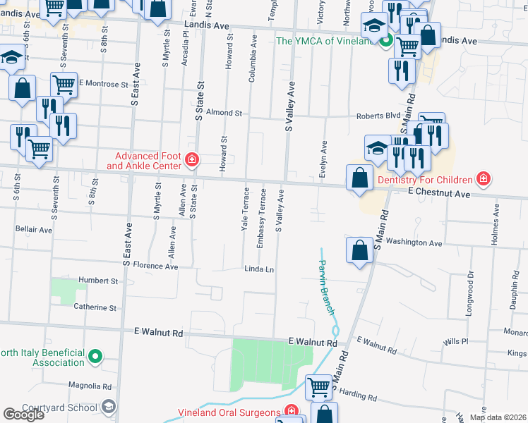 map of restaurants, bars, coffee shops, grocery stores, and more near 711 Embassy Terrace in Vineland