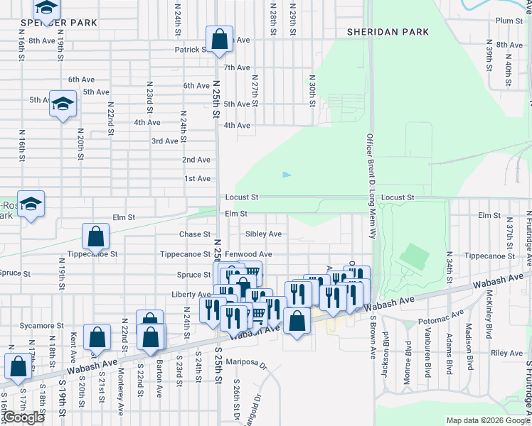 map of restaurants, bars, coffee shops, grocery stores, and more near 2600 Elm Street in Terre Haute