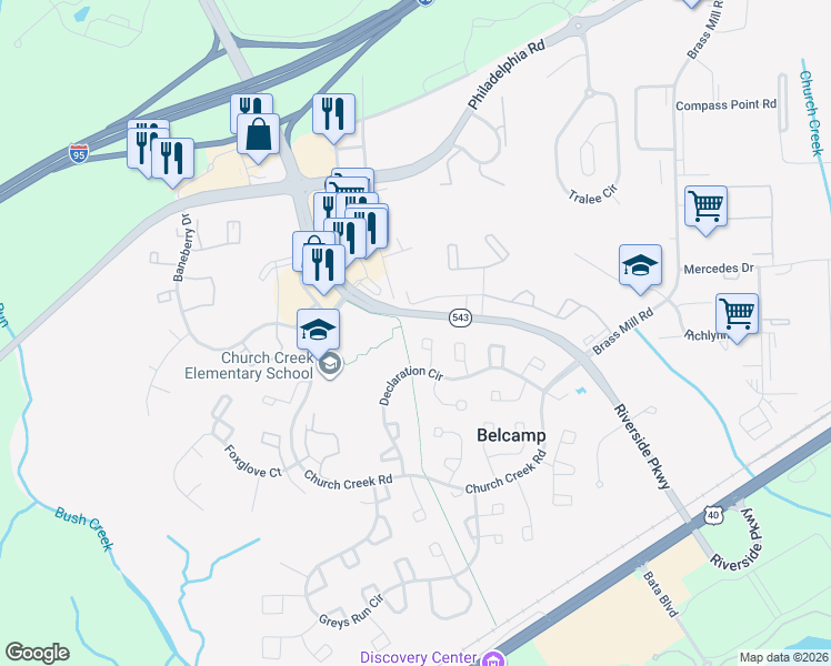 map of restaurants, bars, coffee shops, grocery stores, and more near 1324 Stockett Square in Belcamp