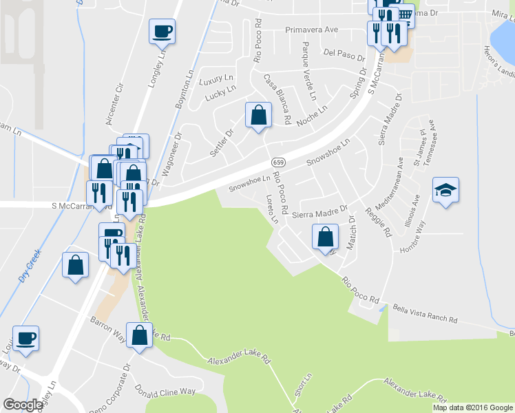 map of restaurants, bars, coffee shops, grocery stores, and more near 4334 Leeward Lane in Reno