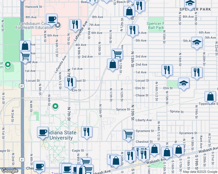 map of restaurants, bars, coffee shops, grocery stores, and more near 801-899 N 11th St in Terre Haute