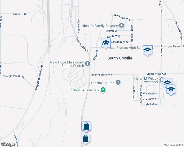 map of restaurants, bars, coffee shops, grocery stores, and more near 2125 Monte Vista Ave in Oroville