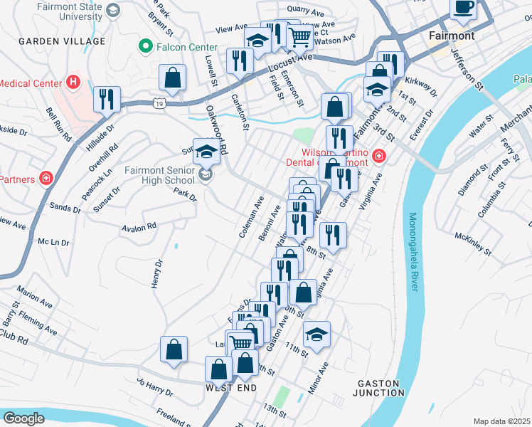 map of restaurants, bars, coffee shops, grocery stores, and more near 708 8th Street in Fairmont