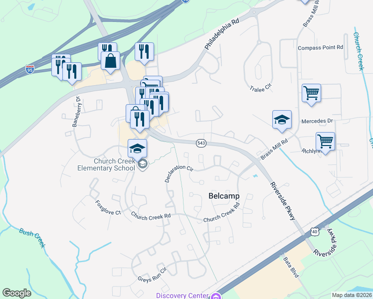 map of restaurants, bars, coffee shops, grocery stores, and more near 1334 Stockett Square in Belcamp