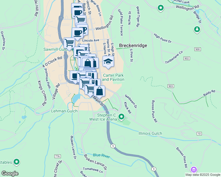 map of restaurants, bars, coffee shops, grocery stores, and more near 550 South French Street in Breckenridge
