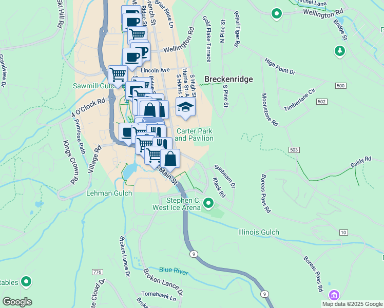map of restaurants, bars, coffee shops, grocery stores, and more near 550 South French Street in Breckenridge