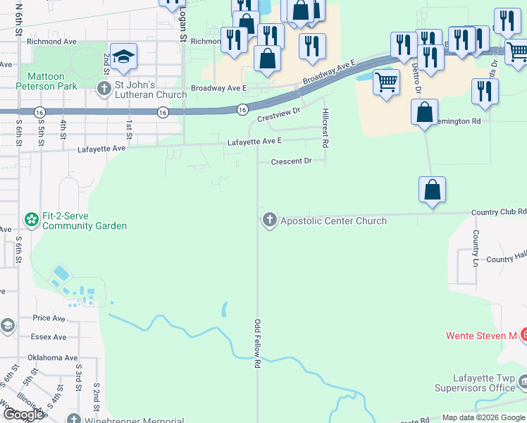 map of restaurants, bars, coffee shops, grocery stores, and more near 620 Odd Fellow Road in Mattoon