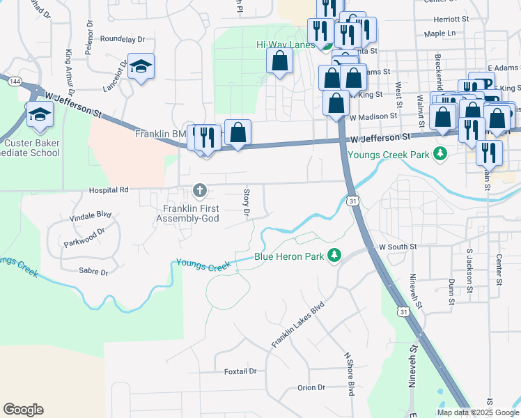 map of restaurants, bars, coffee shops, grocery stores, and more near 284 Woodfield Drive in Franklin