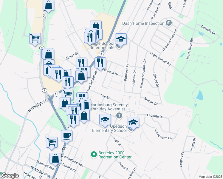 map of restaurants, bars, coffee shops, grocery stores, and more near 30 Teakwood Drive in Martinsburg