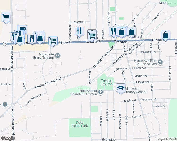 map of restaurants, bars, coffee shops, grocery stores, and more near 401 Pierson Road in Trenton