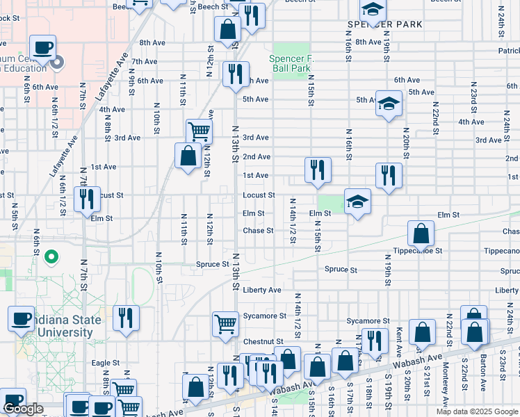 map of restaurants, bars, coffee shops, grocery stores, and more near 803 North 13th 1/2 Street in Terre Haute