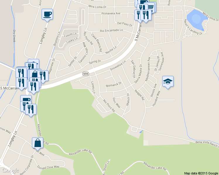 map of restaurants, bars, coffee shops, grocery stores, and more near 4150 Bismarck Drive in Reno