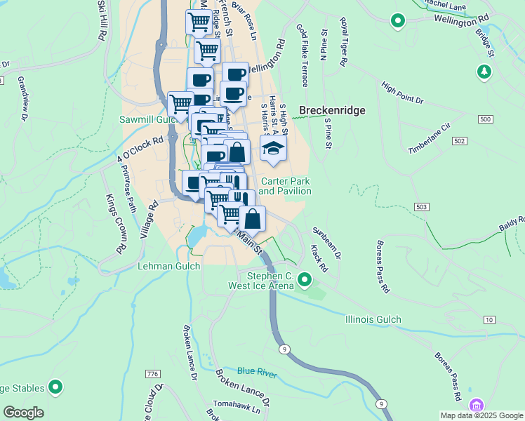 map of restaurants, bars, coffee shops, grocery stores, and more near 520 South French Street in Breckenridge