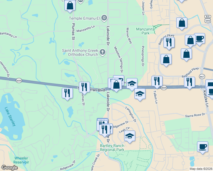 map of restaurants, bars, coffee shops, grocery stores, and more near 2008 Sunburst Way in Reno