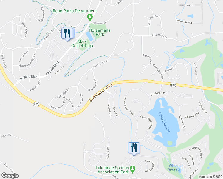 map of restaurants, bars, coffee shops, grocery stores, and more near 5055 Bella Court in Reno