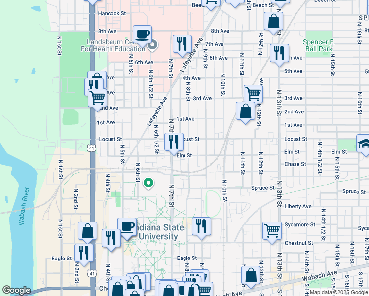 map of restaurants, bars, coffee shops, grocery stores, and more near 821 North 7th Street in Terre Haute