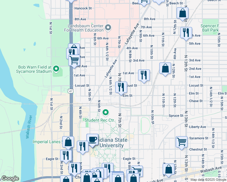 map of restaurants, bars, coffee shops, grocery stores, and more near 817 North 6th 1/2 Street in Terre Haute