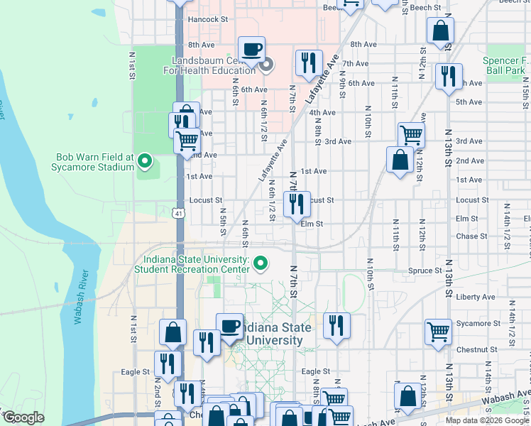 map of restaurants, bars, coffee shops, grocery stores, and more near 825 North 6th Street in Terre Haute