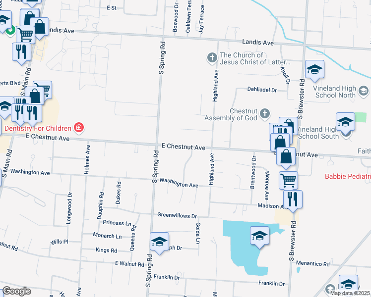 map of restaurants, bars, coffee shops, grocery stores, and more near 2139 East Chestnut Avenue in Vineland