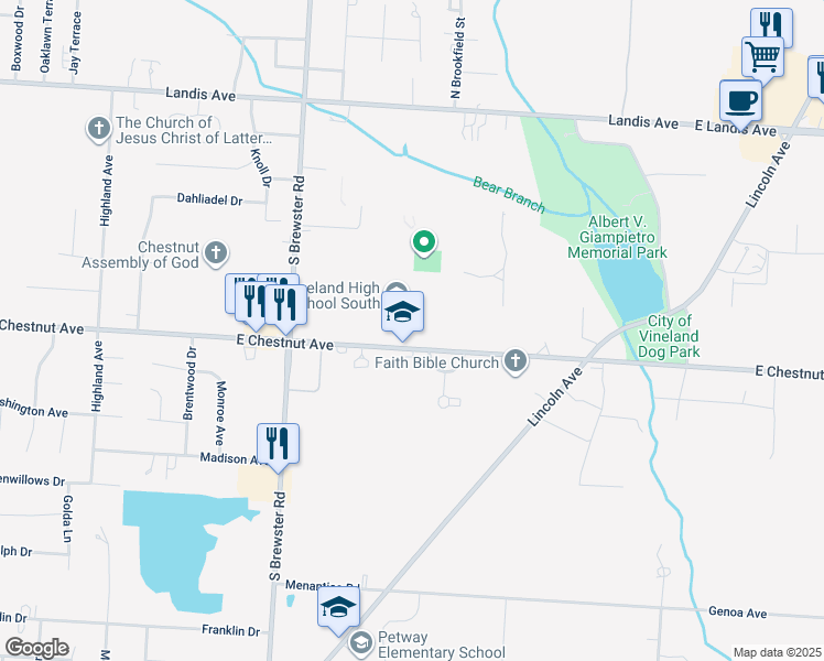 map of restaurants, bars, coffee shops, grocery stores, and more near 2880 East Chestnut Avenue in Vineland