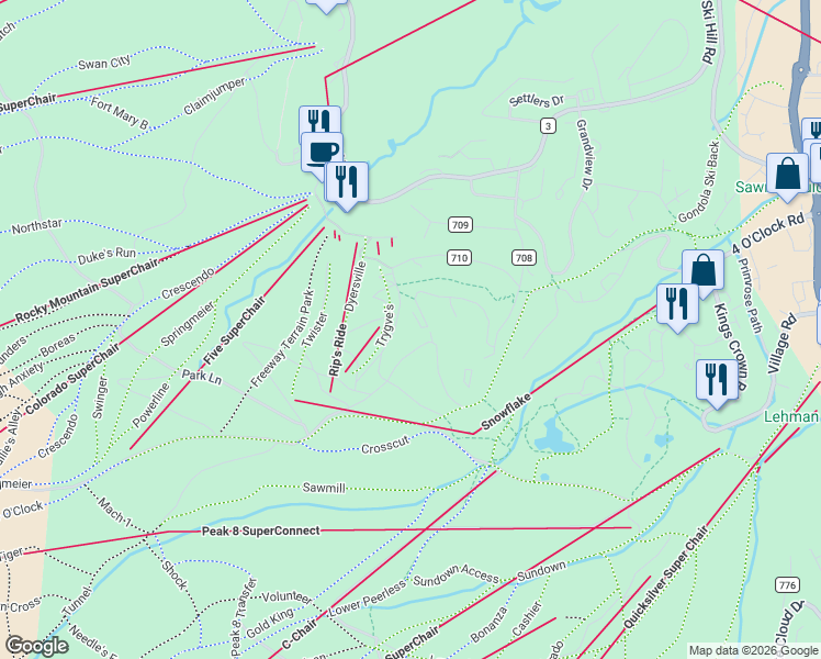 map of restaurants, bars, coffee shops, grocery stores, and more near 446 Timbertrail Road in Breckenridge