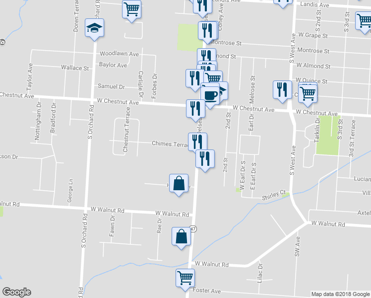 map of restaurants, bars, coffee shops, grocery stores, and more near 961 Chimes Terrace in Vineland