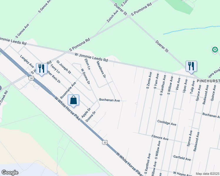 map of restaurants, bars, coffee shops, grocery stores, and more near 344 Meadows Drive in Galloway