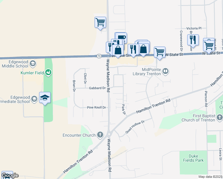 map of restaurants, bars, coffee shops, grocery stores, and more near 983 W Branch St in Trenton